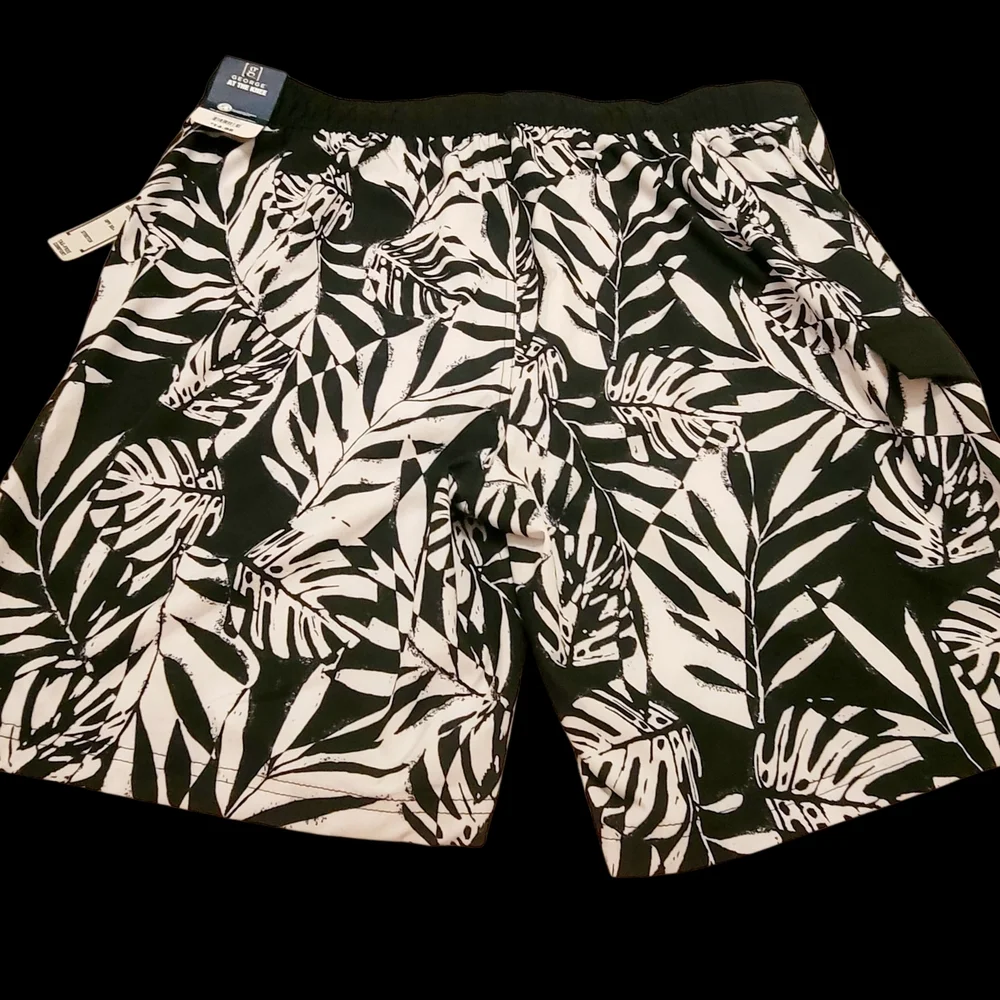 NWT George Mens Swim Trunks Swimsuit Black and White Tropical Size XL 9
